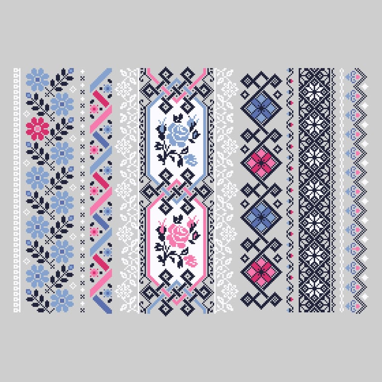 103A Cross Stitch Banded Floral Border Sampler, ethnic Ukrainian Romanian Folk