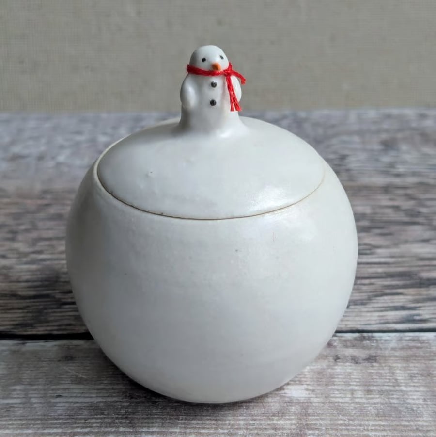 Very small handmade ceramic snowball lidded pot with mini snowman & scarf