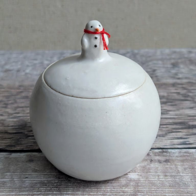 Very small handmade ceramic snowball lidded pot with mini snowman & scarf