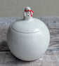 Very small handmade ceramic snowball lidded pot with mini snowman & scarf