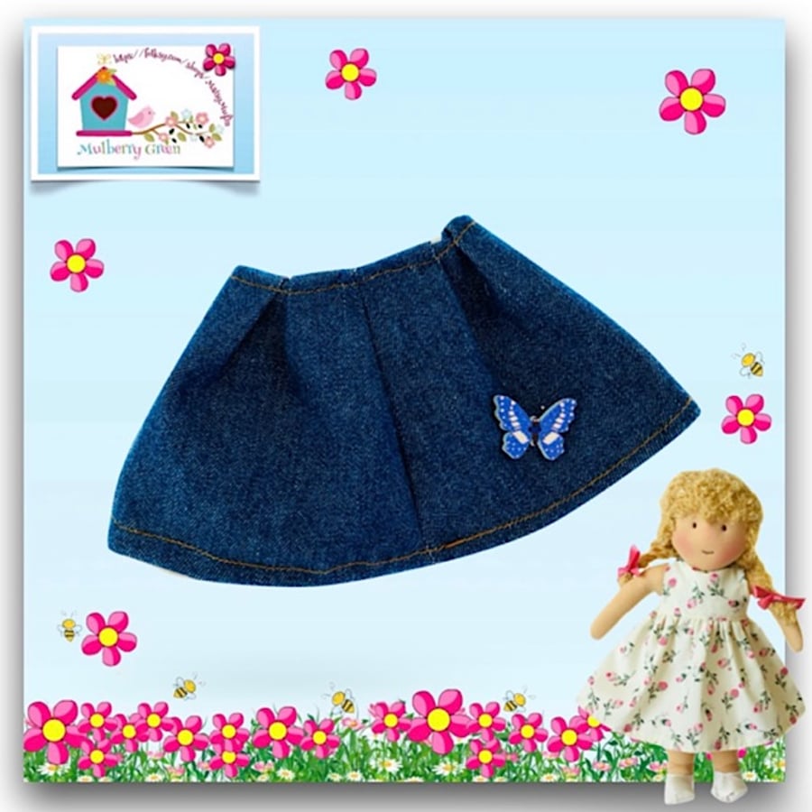 Reserved for Maddie - Flared Denim Skirt with a Blue Butterfly decoration
