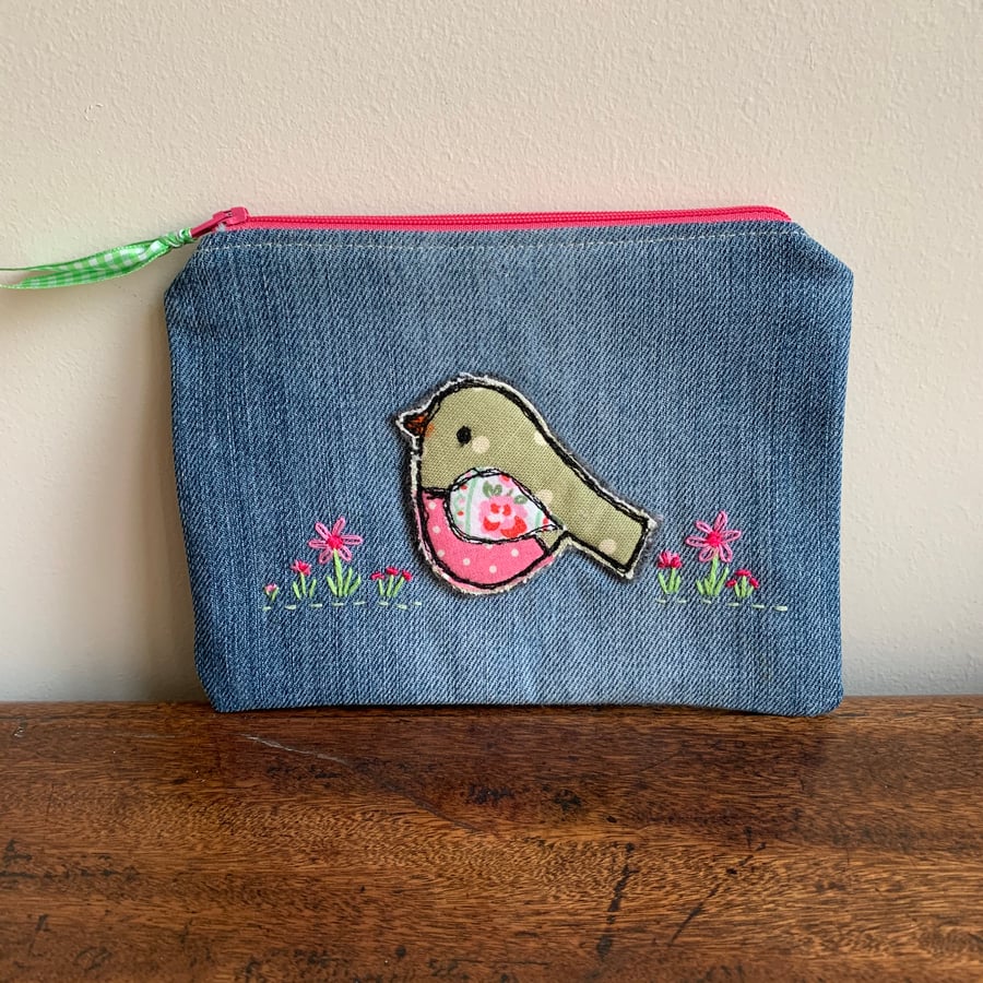 Bird applique and embroidered recycled denim purse
