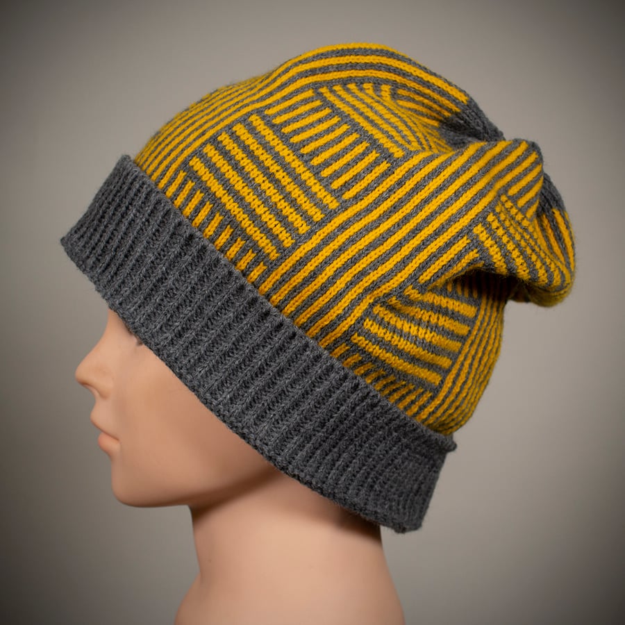 Stripped Slouchy Beanie in Grey and Yellow