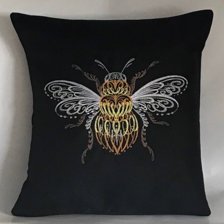 Swirl Winged Bee Embroidered Cushion Cover BLACK 