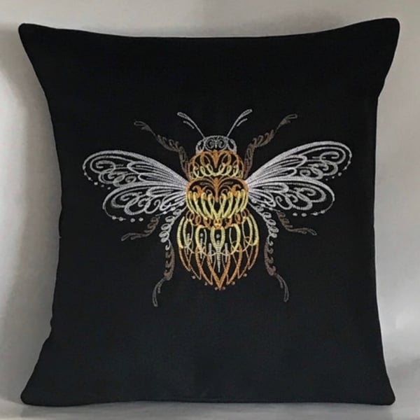 Swirl Winged Bee Embroidered Cushion Cover BLACK 