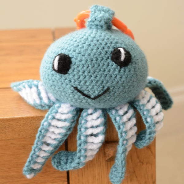 Octopus Soft Toy with teething ring and internal rattle - storm blue