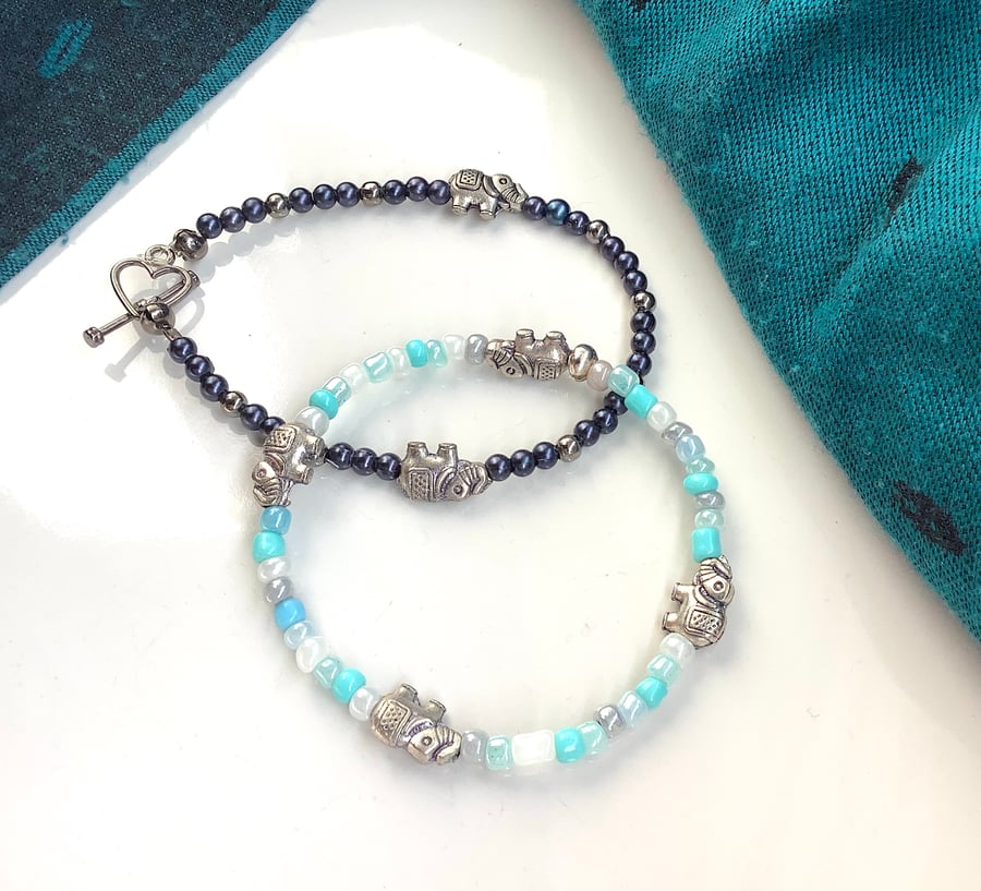 Friendship bracelets, pair, elephant design, dark blue, light blue 