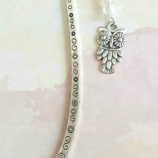 Silver-plated Metal Bookmark with Owl Charm and Clear Beads