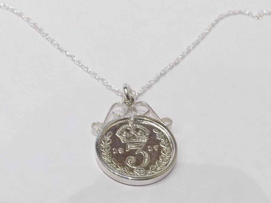 1917 104th Birthday Anniversary 3D Threepence coin pendant plus 18inch SS chain 