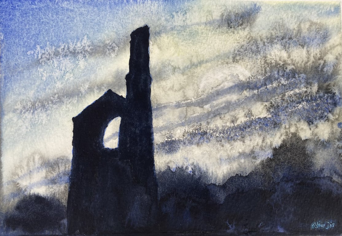 Cornish Engine House at Dusk – original watercolour, mounted but unframed