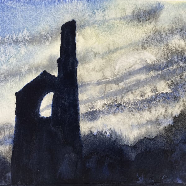 Cornish Engine House at Dusk – original watercolour, mounted but unframed