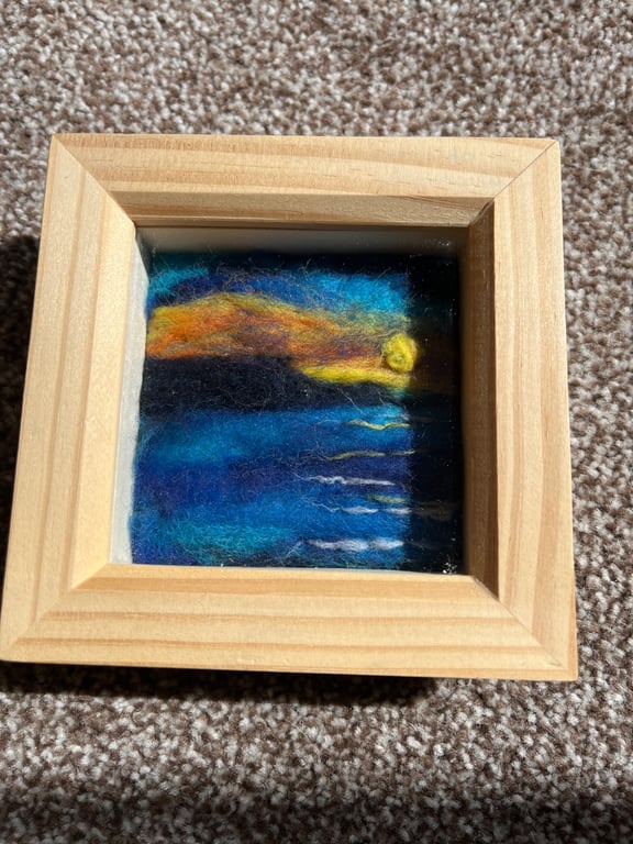 Sunset over cliffs and , yellow moon sea needle felt pine box frame 