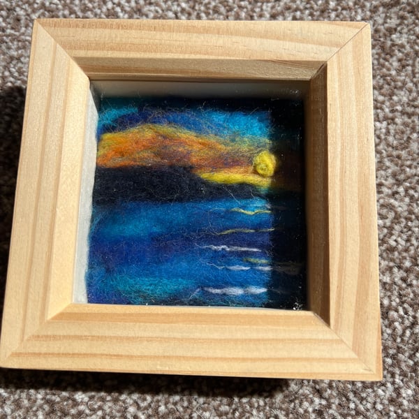 Sunset over cliffs and , yellow moon sea needle felt pine box frame 