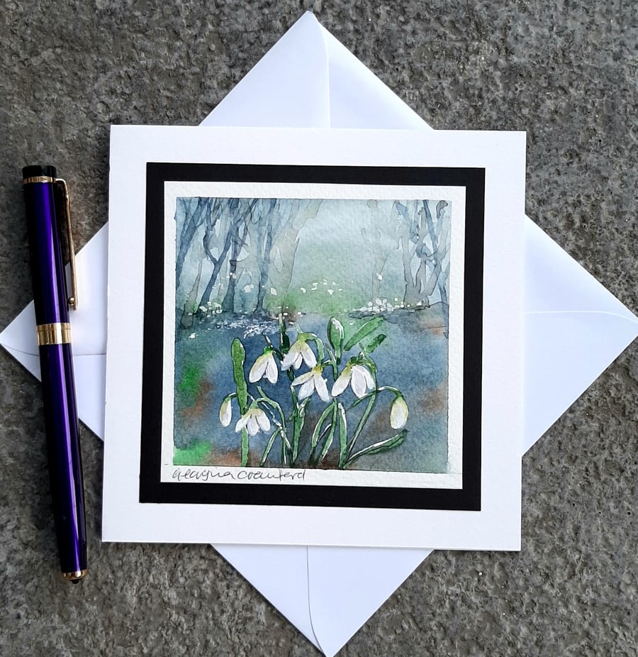 Handpainted Blank Card Of Snowdrops