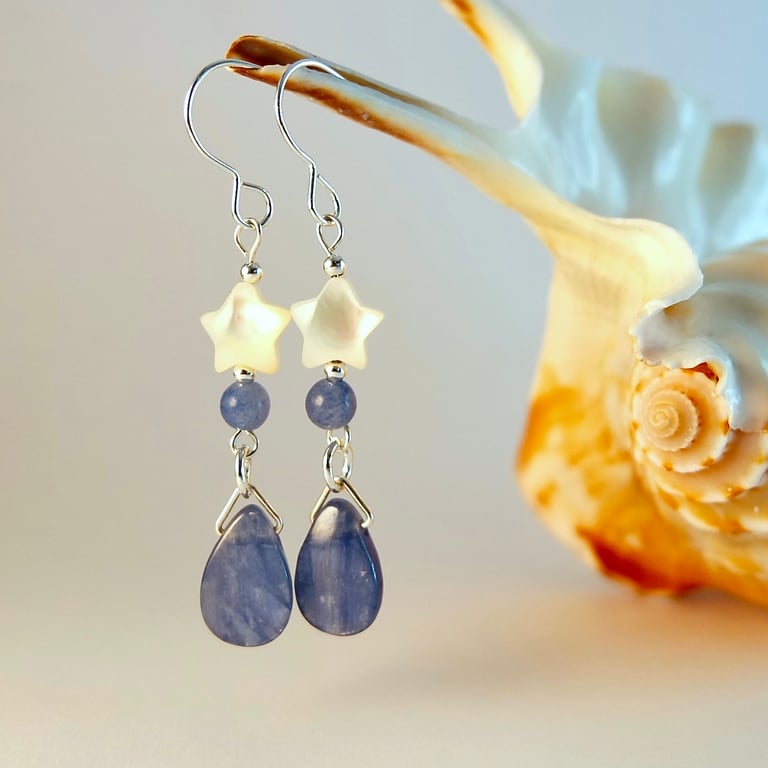 Kyanite Teardrop Earrings, Pearly Stars - Anniversary, Wedding, Handmade Gift
