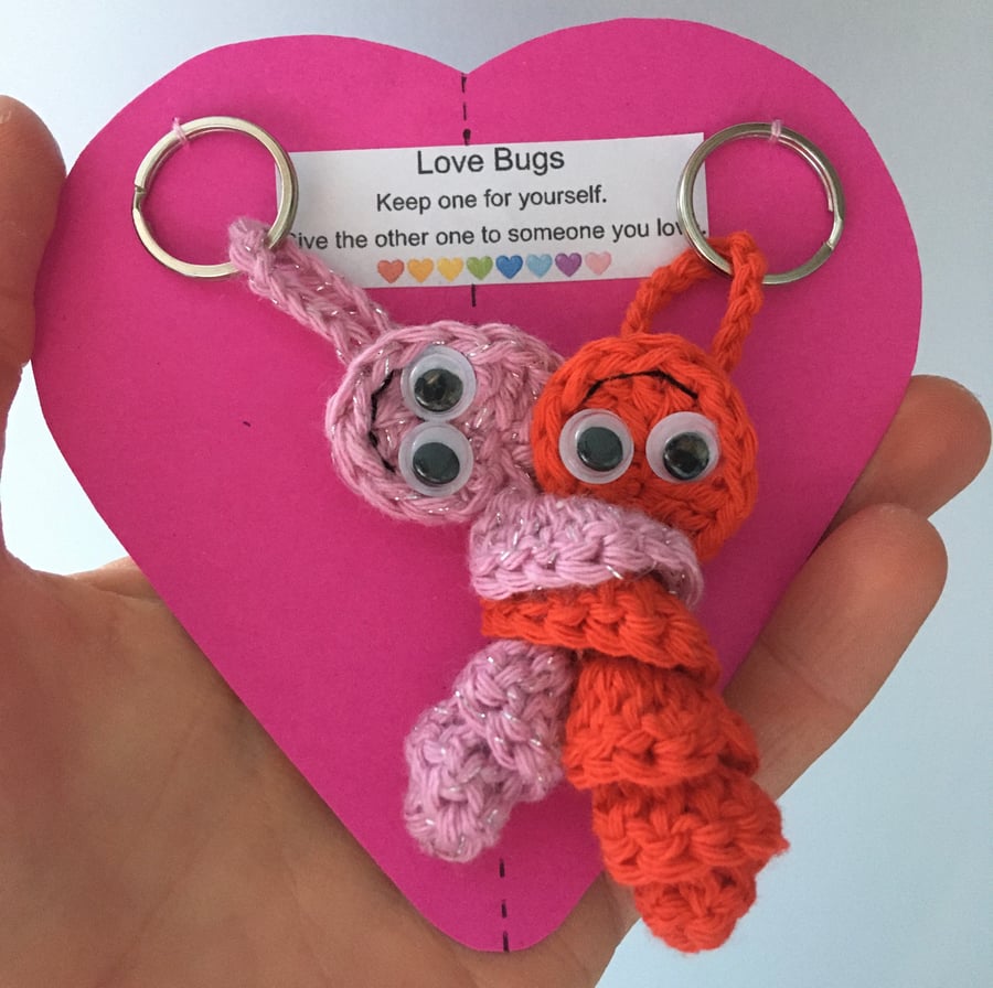 Crochet Love Bug Keyring - Red And Pink - Valentines Gift
