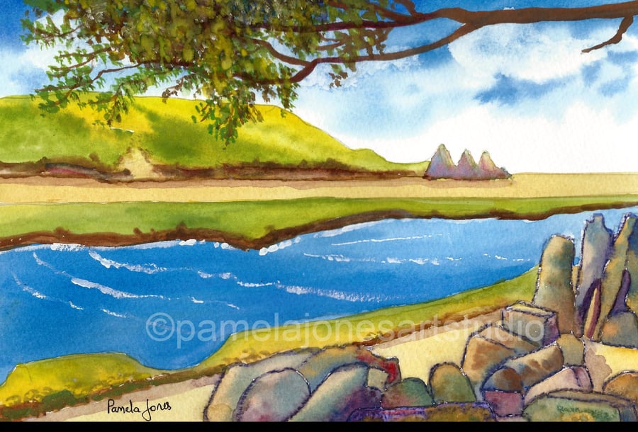 Three Cliffs Bay, Gower, South Wales, Original Watercolour in 14 x 11 '' Mount