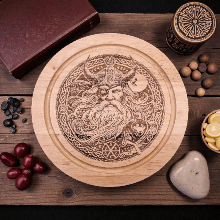 Odin Compact Cheeseboard with Knives – Engraved Wooden Norse Design