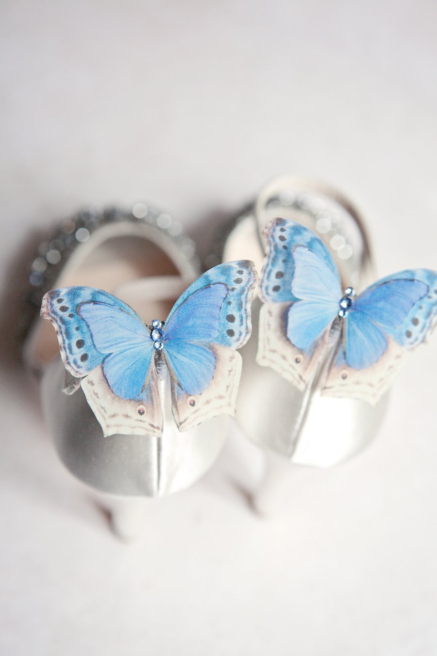 Something Blue silk butterfly shoe clips with Swarovski Crystals