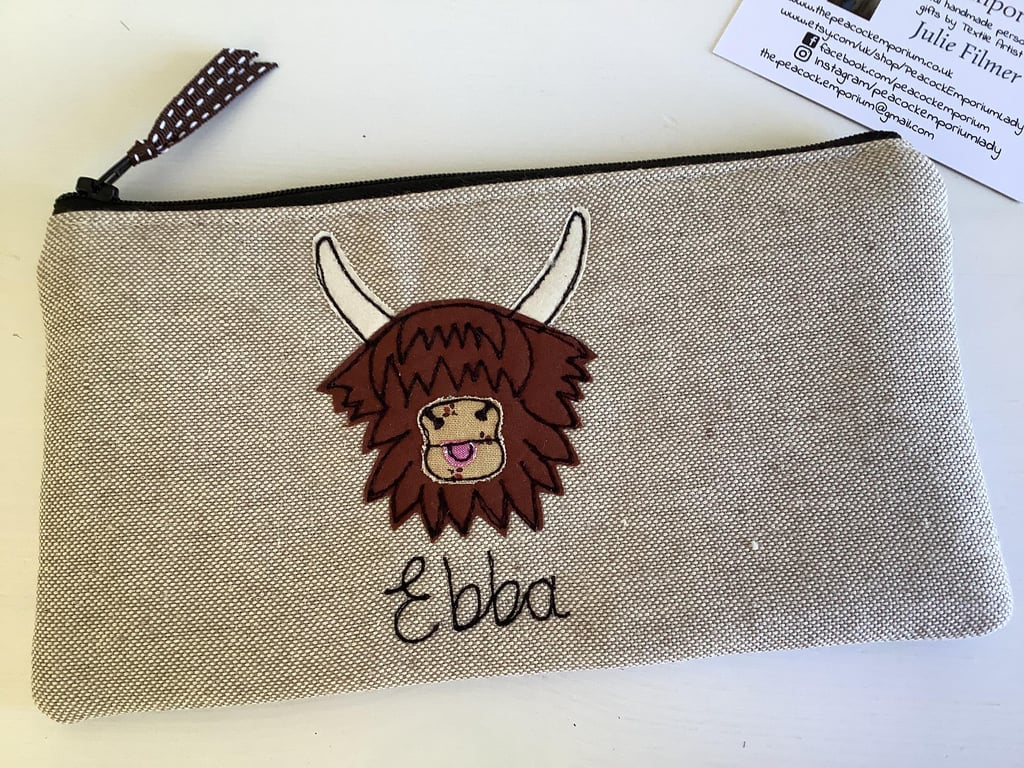 Custom Highland Cow Coo Pencil Case -Personalised Pen Pouch with Free Motion