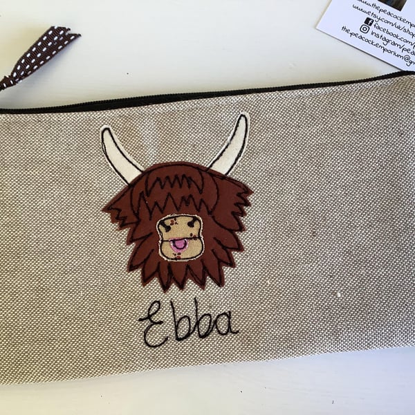 Custom Highland Cow Coo Pencil Case -Personalised Pen Pouch with Free Motion