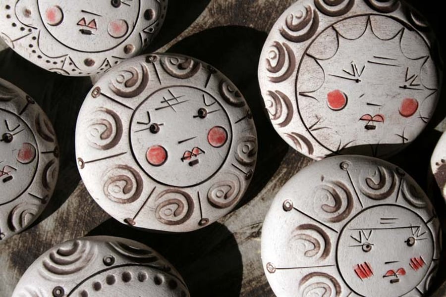 Ceramic brooches - angel face in porcelain brown, red and white