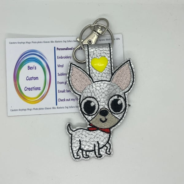 Embroidered Chihuahua Keyring silver