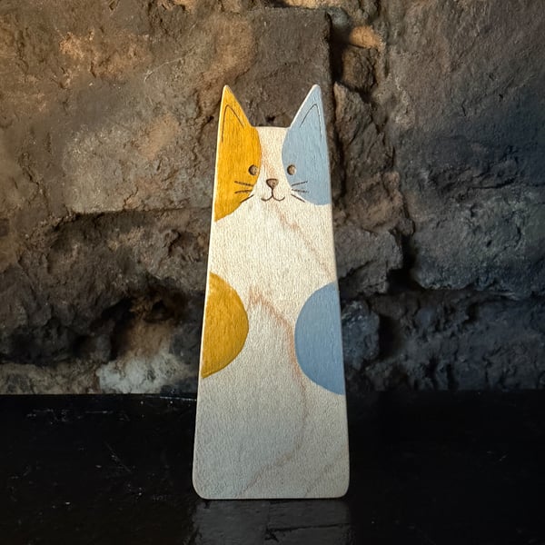 Tall Wooden Calico Ginger, Grey Cat Shelf Sitter – Handmade Maple Cat Decoration
