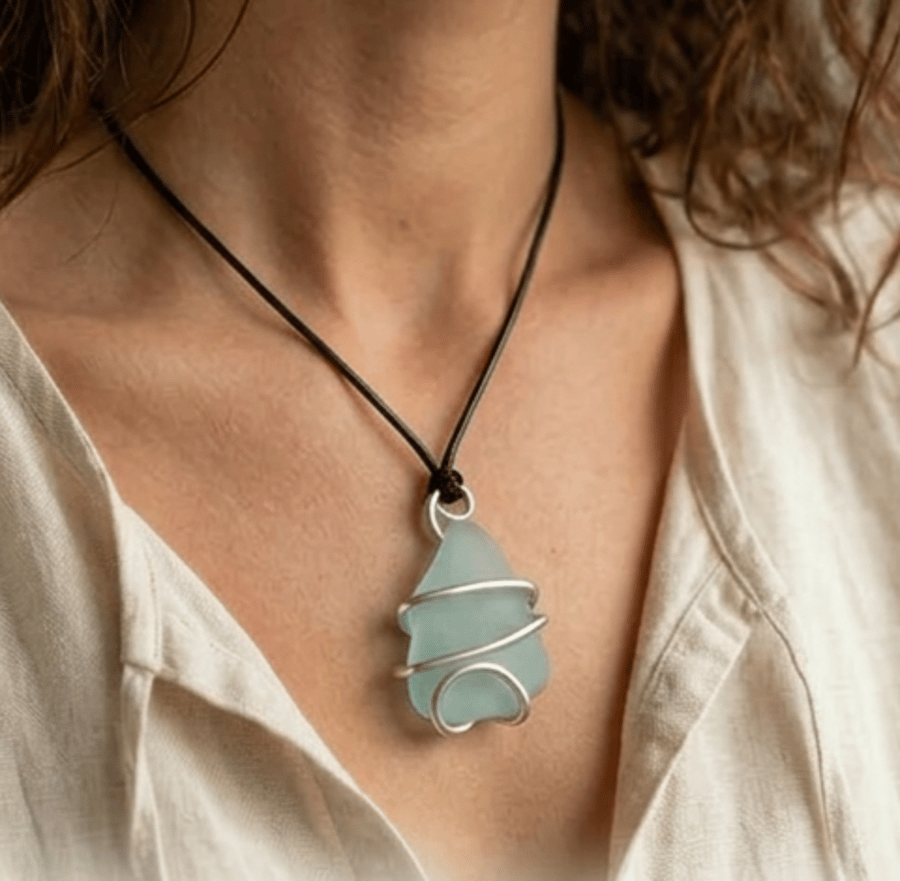 Handcrafted Cumbrian Sea Glass & Silver Wire Pendant on Black Cord