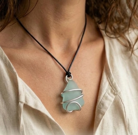 Handcrafted Cumbrian Sea Glass & Silver Wire Pendant on Black Cord