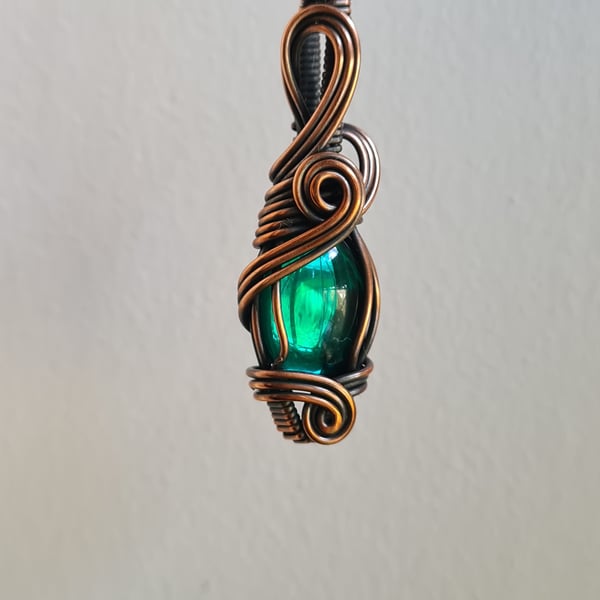 Teal Green Glass & Copper Wire Wrap Pendant Necklace Gift Handmade Jewellery