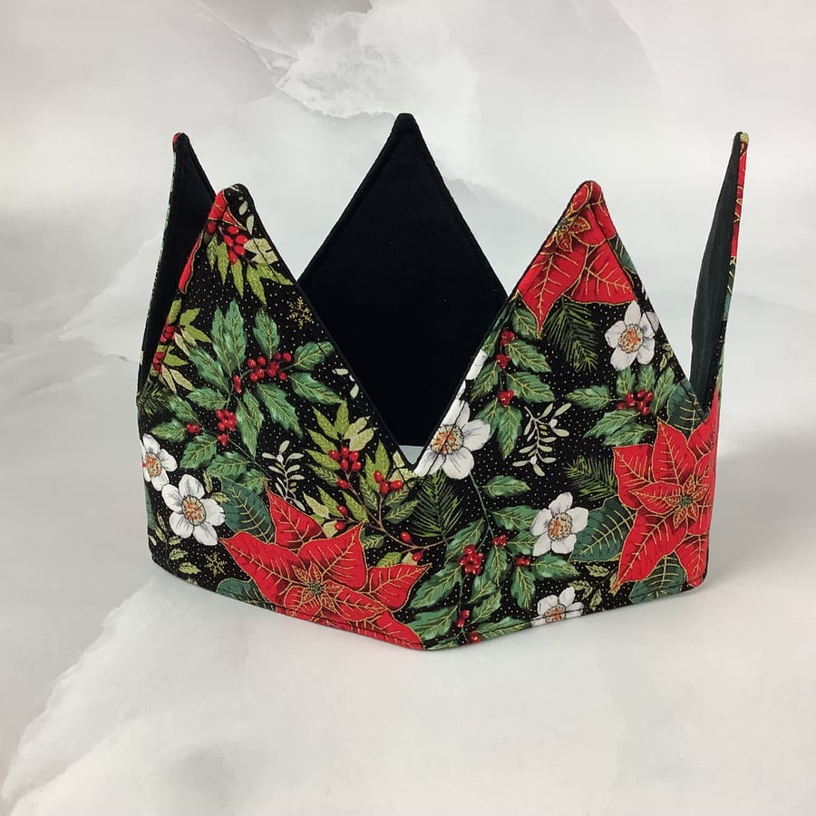 Handmade Christmas crown, Poinsettia Xmas fabric party hat, Reusable