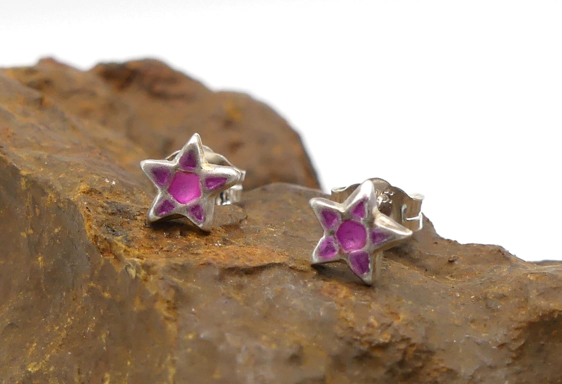 Recycled Sterling Silver Pentagram Stud Earrings with a Pink Patina.