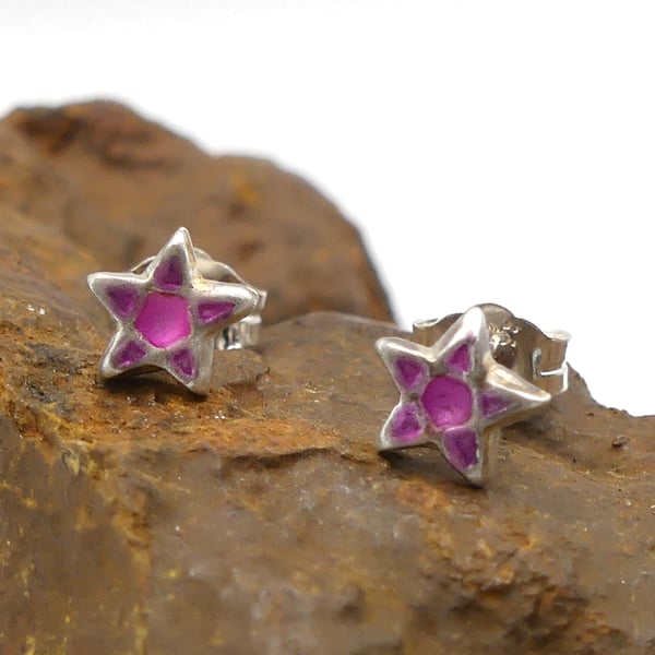 Recycled Sterling Silver Pentagram Stud Earrings with a Pink Patina.