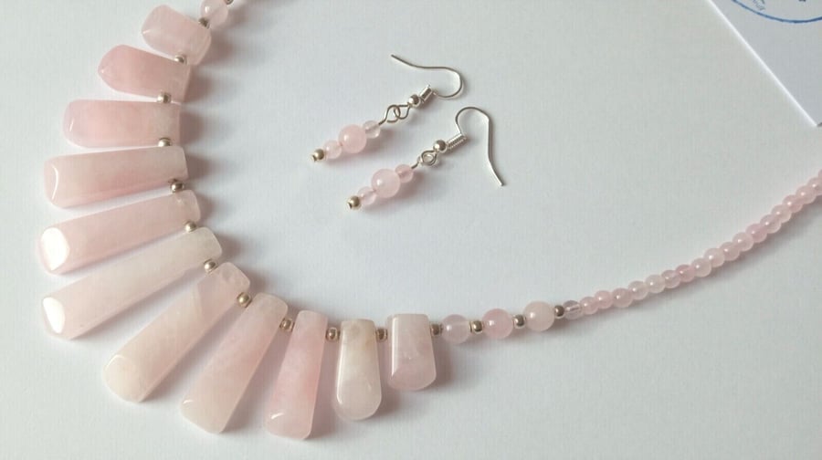 Necklace Earrings Jewellery Gift Set Pale Pink Rose Quartz Gemstone Tapered 