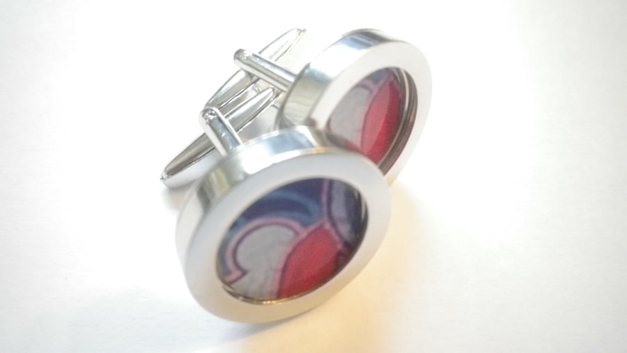 Red Blue Grey abstract art cufflinks, vibrant elegant design,free UK shipping.. 