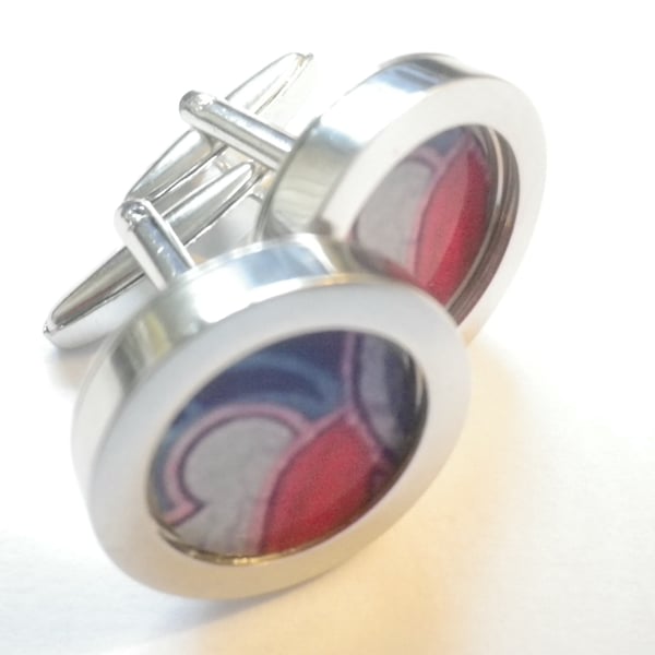 Red Blue Grey abstract art cufflinks, vibrant elegant design,free UK shipping.. 