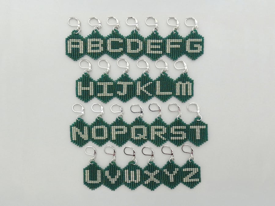 Initial Glass Beaded Earrings with Silver Plated Hinged Ear Wires.       Ref:406