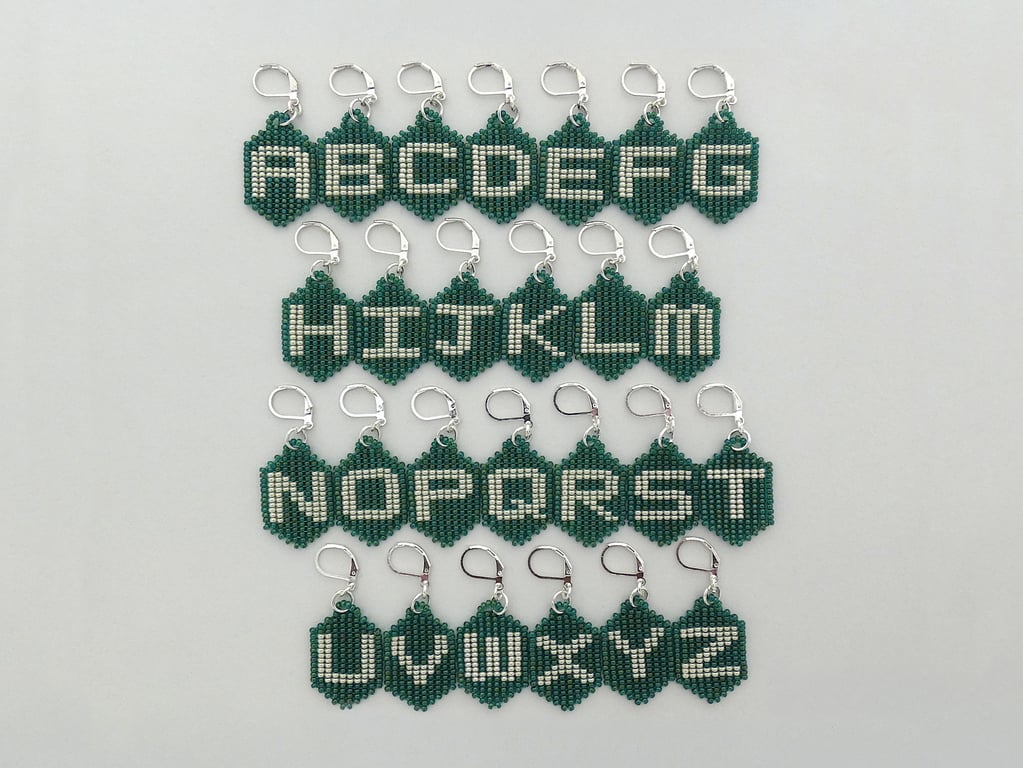 Initial Glass Beaded Earrings with Silver Plated Hinged Ear Wires.       Ref:406