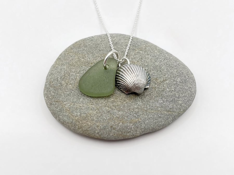Cornish Sea Glass Necklace with Silver Coated Cockle Shell - Soft Green