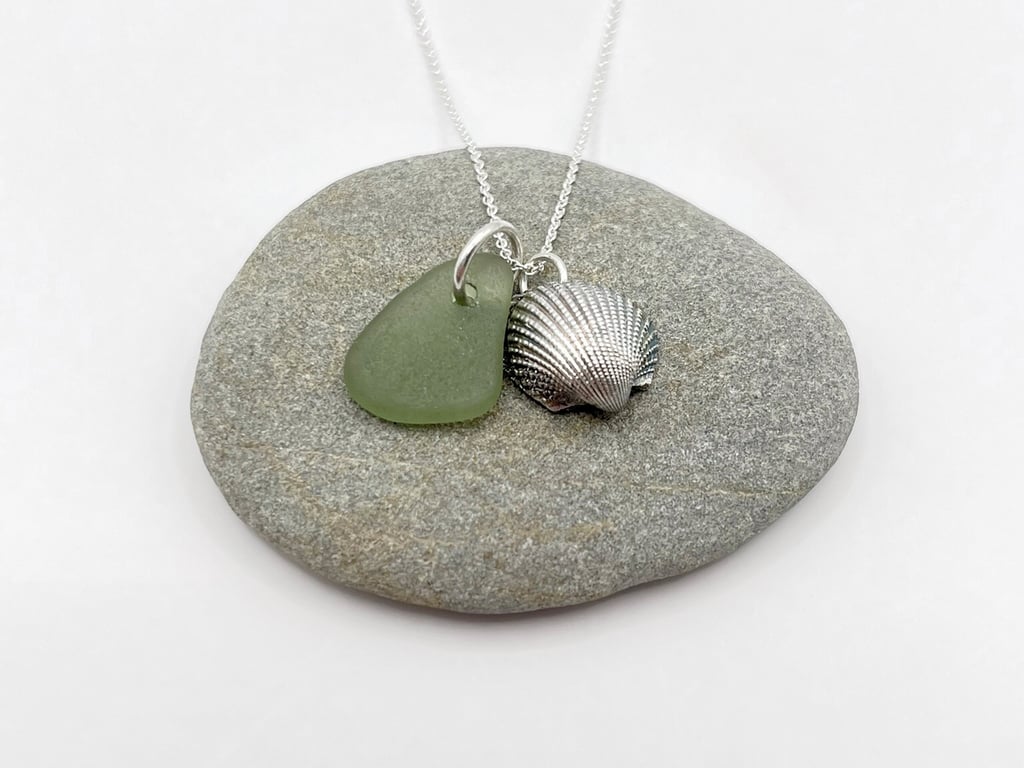 Cornish Sea Glass Necklace with Silver Coated Cockle Shell - Soft Green