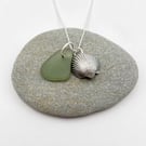 Cornish Sea Glass Necklace with Silver Coated Cockle Shell - Soft Green