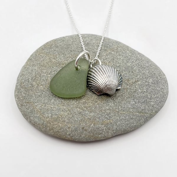 Cornish Sea Glass Necklace with Silver Coated Cockle Shell - Soft Green