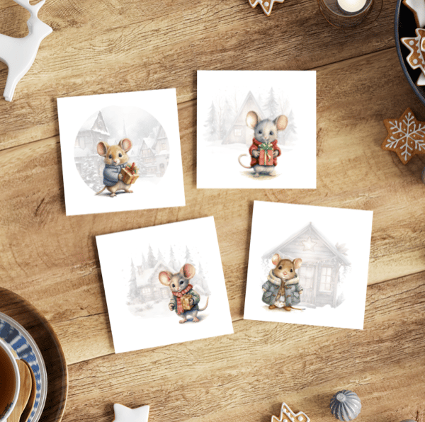 Watercolour Print Cute Mouse Christmas Card Pack of 4