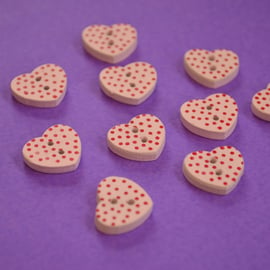 Little Wooden Dotty Heart Buttons Pale Pink 10pk Spotty Red Dot 13x15mm (WH9)