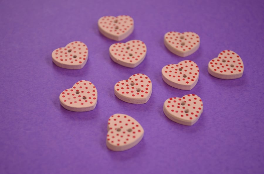 Little Wooden Dotty Heart Buttons Pale Pink 10pk Spotty Red Dot 13x15mm (WH9)