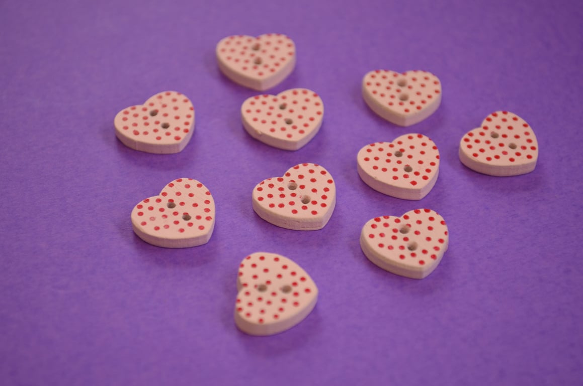 Little Wooden Dotty Heart Buttons Pale Pink 10pk Spotty Red Dot 13x15mm (WH9)