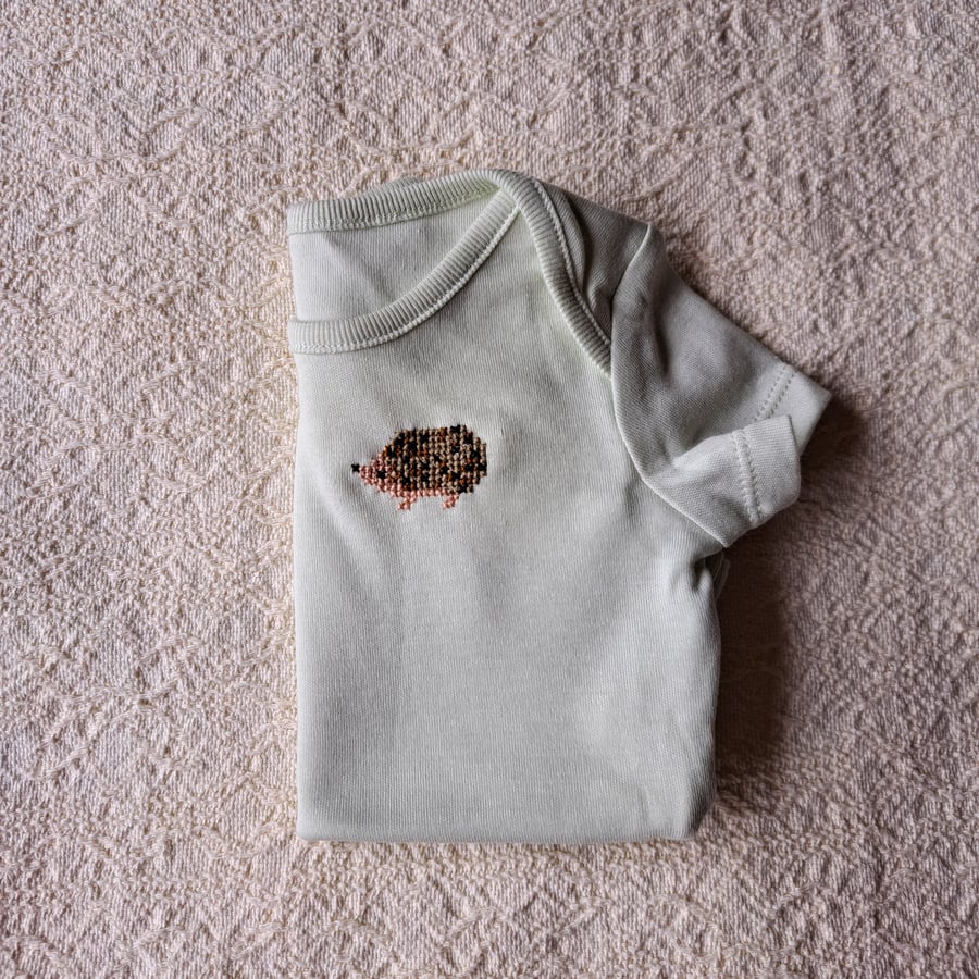 hedgehog, baby vest, age 0-3 months, hand embroidered