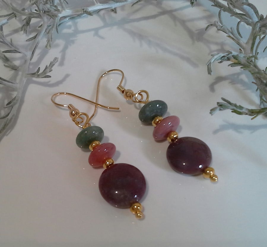 Fancy Jasper  &  Toffee Agate Gold Plate Earrings