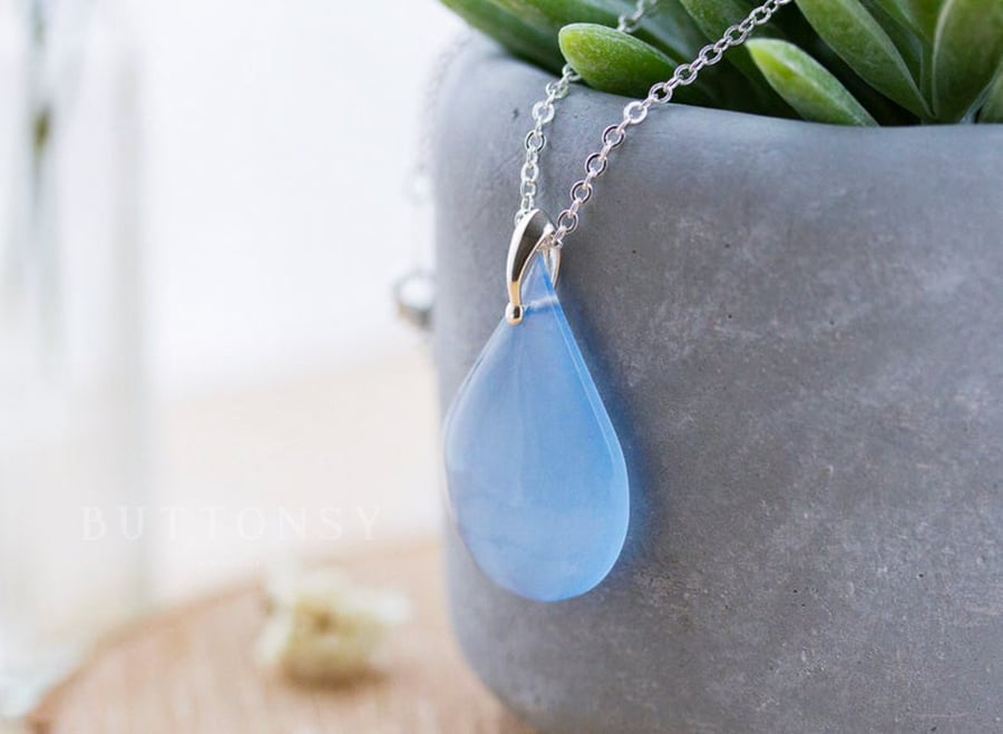 Blue Water Drop Necklace Water Droplet Rain Drop Necklace Something Blue Gifts f